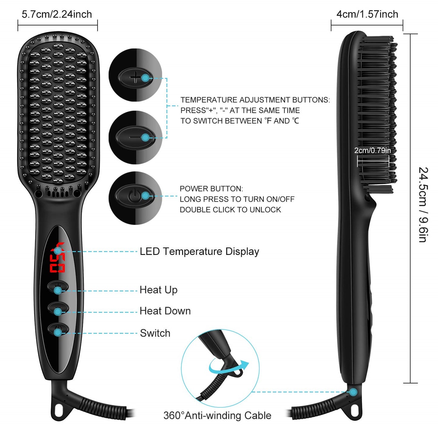 2 in 1 Hair Straightener Brush Heating Beard Clip Comb Styler Electric Ionic Straightening Brush