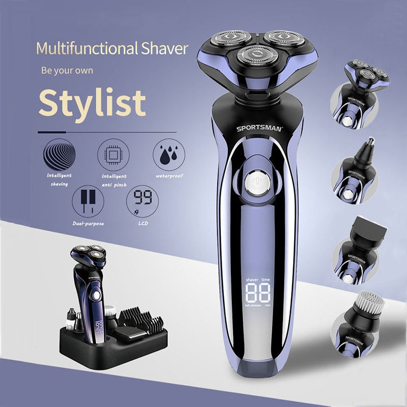 Wet Dry Men's Rechargeable Electric Shaver 3 Floating Heads Beard